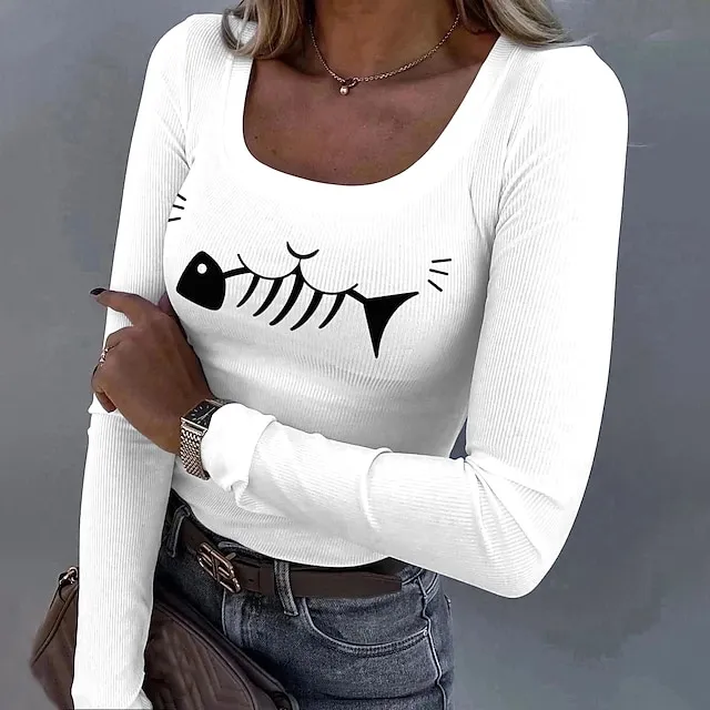 Women’s T shirt Tee Graphic Daily Weekend Black White Print Long Sleeve Fashion Funny Round Neck Regular Fit Spring & Fall 205bcc04d8f1deba0b3850effbe84a65