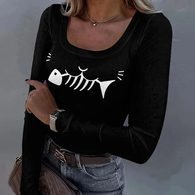 Women's T shirt Tee Graphic Daily Weekend Black White Print Long Sleeve Fashion Funny Round Neck Regular Fit Spring & Fall
