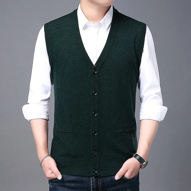 Men’s Sweater Vest Wool Sweater Cardigan Knit Knitted Braided Solid Color Deep V Basic Soft Daily Weekend Clothing Apparel Winter Fall Green Wine M L XL 498bf5759f4f38af911f3c8ef1d170d5
