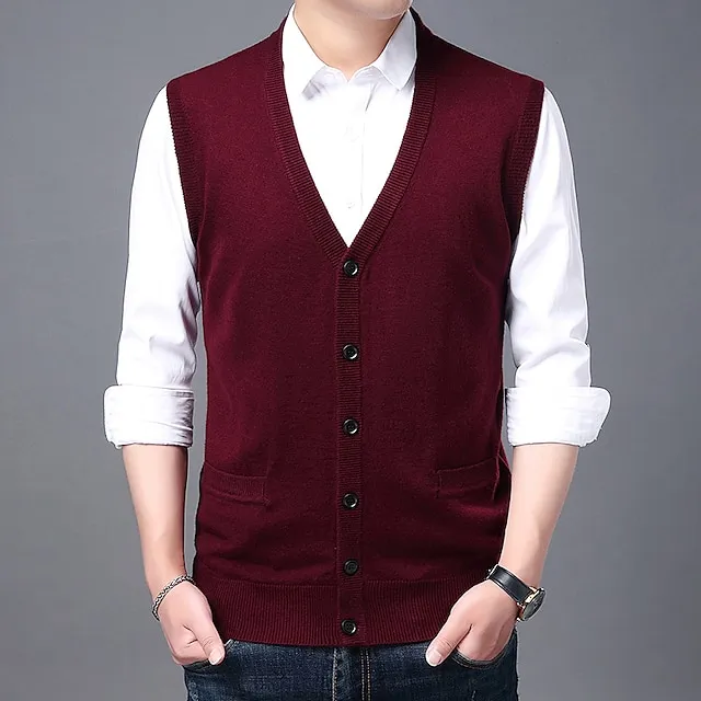 Men’s Sweater Vest Wool Sweater Cardigan Knit Knitted Braided Solid Color Deep V Basic Soft Daily Weekend Clothing Apparel Winter Fall Green Wine M L XL 628bf60d0f6aef367d4a768292d85c1f