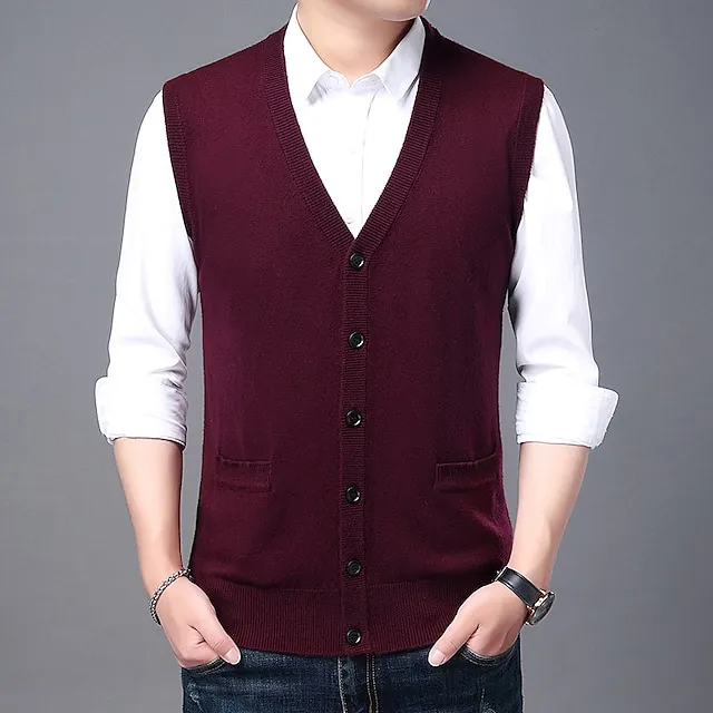 Men’s Sweater Vest Wool Sweater Cardigan Knit Knitted Braided Solid Color Deep V Basic Soft Daily Weekend Clothing Apparel Winter Fall Green Wine M L XL 98d3c28d96cc0a08dbdb0103707e97e3