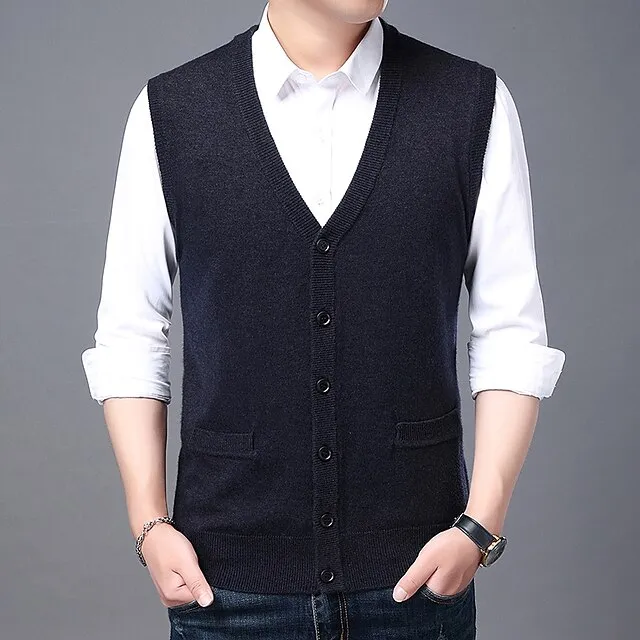 Men’s Sweater Vest Wool Sweater Cardigan Knit Knitted Braided Solid Color Deep V Basic Soft Daily Weekend Clothing Apparel Winter Fall Green Wine M L XL e277251c0dd5110e26d0e57de1942409