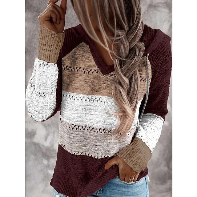 Women’s Pullover Sweater Jumper Hooded Crochet Knit Thin Fall Winter Tunic Work Daily Holiday Casual Soft Long Sleeve Color Block Black Wine Blue S M L 158fea94f0053cf0a22c3fa9dc0db6a5