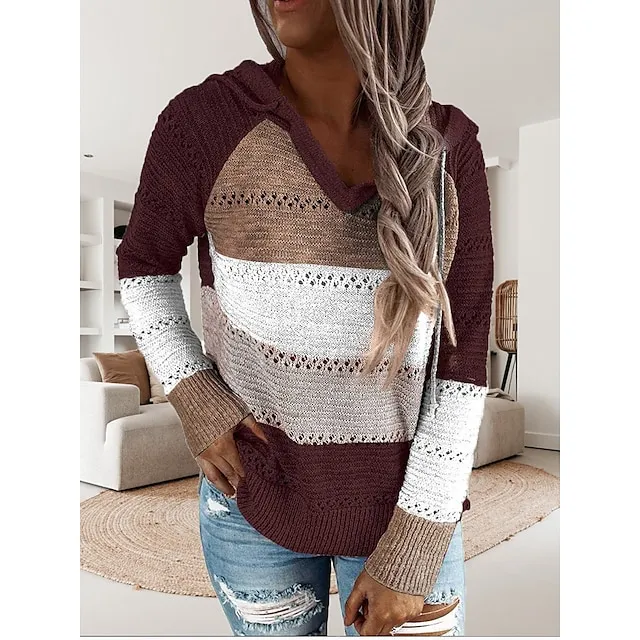 Women’s Pullover Sweater Jumper Hooded Crochet Knit Thin Fall Winter Tunic Work Daily Holiday Casual Soft Long Sleeve Color Block Black Wine Blue S M L 2f0cdb78ade8a248abd990e74b05a8e8
