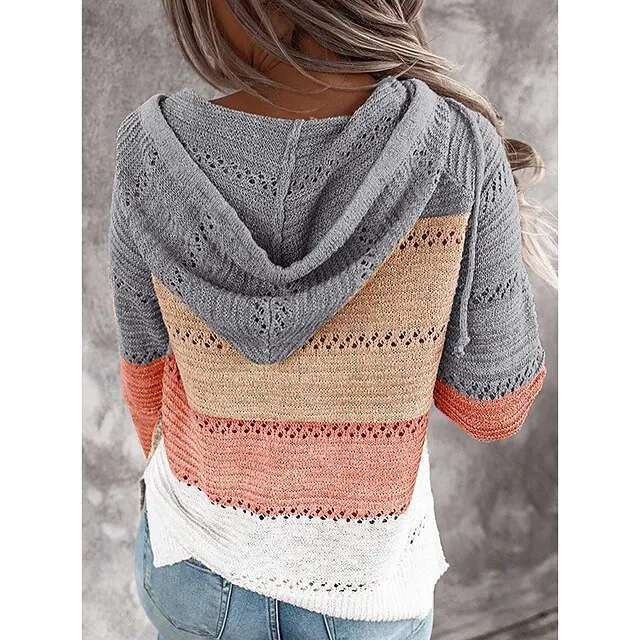 Women’s Pullover Sweater Jumper Hooded Crochet Knit Thin Fall Winter Tunic Work Daily Holiday Casual Soft Long Sleeve Color Block Black Wine Blue S M L 469a54b22d21eb09c8be75846960f6dc