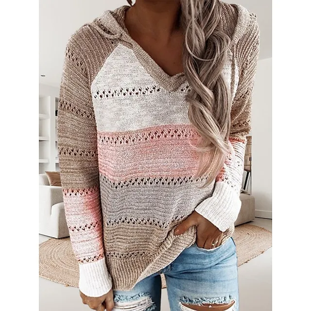 Women’s Pullover Sweater Jumper Hooded Crochet Knit Thin Fall Winter Tunic Work Daily Holiday Casual Soft Long Sleeve Color Block Black Wine Blue S M L 566bda19f24813c7e61b7404607f9ab9