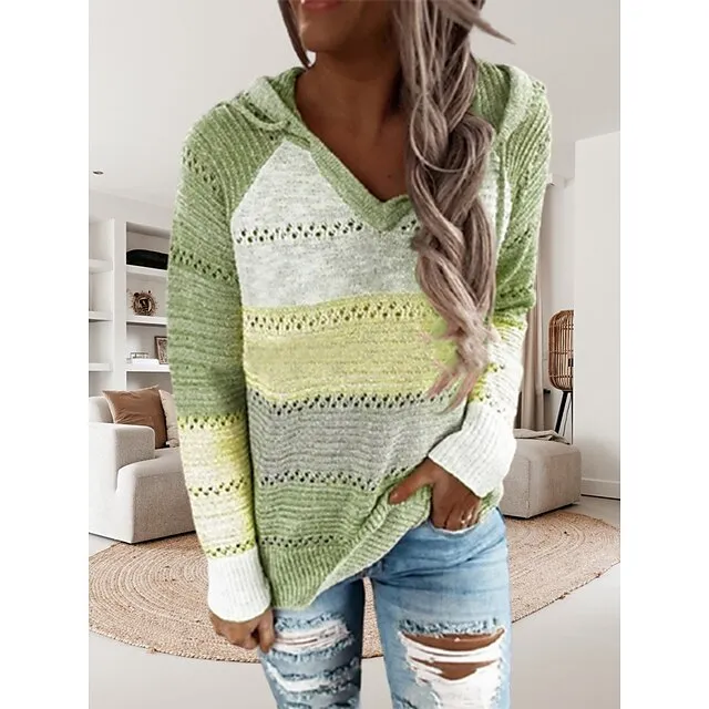 Women’s Pullover Sweater Jumper Hooded Crochet Knit Thin Fall Winter Tunic Work Daily Holiday Casual Soft Long Sleeve Color Block Black Wine Blue S M L ac1783f734b26b0794d1759c116b7fdb