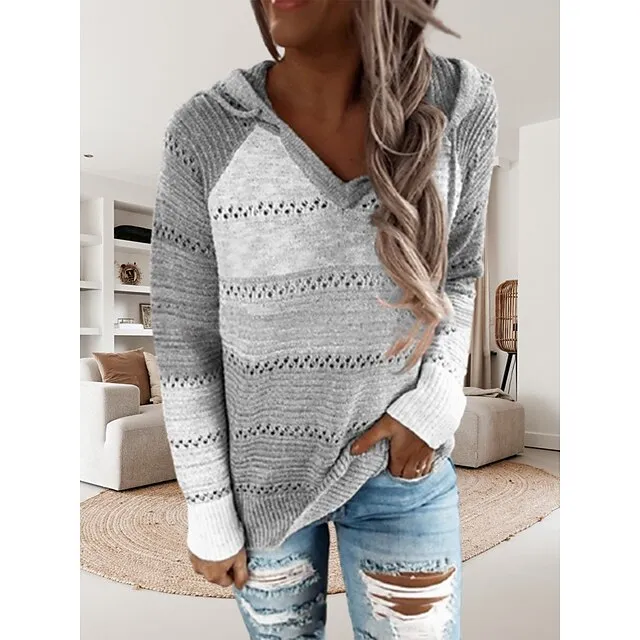 Women’s Pullover Sweater Jumper Hooded Crochet Knit Thin Fall Winter Tunic Work Daily Holiday Casual Soft Long Sleeve Color Block Black Wine Blue S M L b95c64e2fda07d27134097cbebed219a