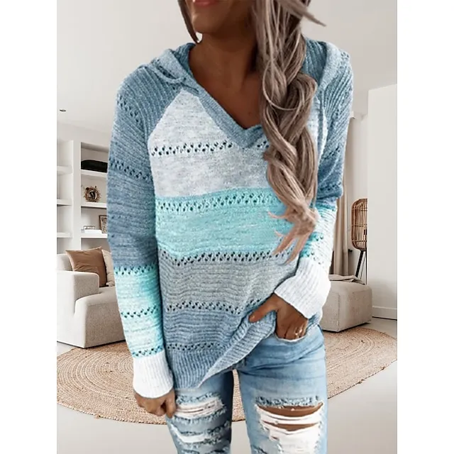 Women’s Pullover Sweater Jumper Hooded Crochet Knit Thin Fall Winter Tunic Work Daily Holiday Casual Soft Long Sleeve Color Block Black Wine Blue S M L c9eb217ed596ab1b2a07278305e99c55