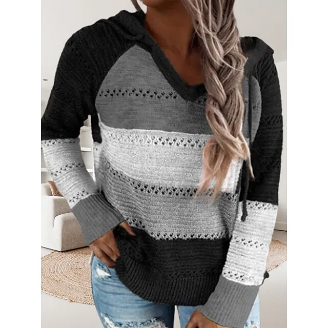 Women’s Pullover Sweater Jumper Hooded Crochet Knit Thin Fall Winter Tunic Work Daily Holiday Casual Soft Long Sleeve Color Block Black Wine Blue S M L f1fb12a39a88c2ca5ad83abf27e922f1