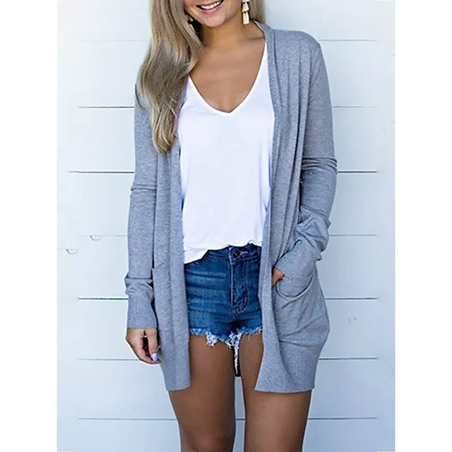 Women’s Pocket Cardigan Coat Solid Color Basic Casual Soft Long Sleeve Regular Fit Cardigans Open Front Fall Spring Summer Light Pink Black Gray / Daily / Going out 7a81eeaaeda75789c068c66b32d7b2e9