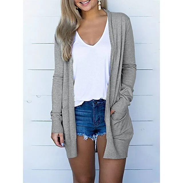 Women’s Pocket Cardigan Coat Solid Color Basic Casual Soft Long Sleeve Regular Fit Cardigans Open Front Fall Spring Summer Light Pink Black Gray / Daily / Going out 96b69dd12d8b89e7adbd1e9a86f8dd0a