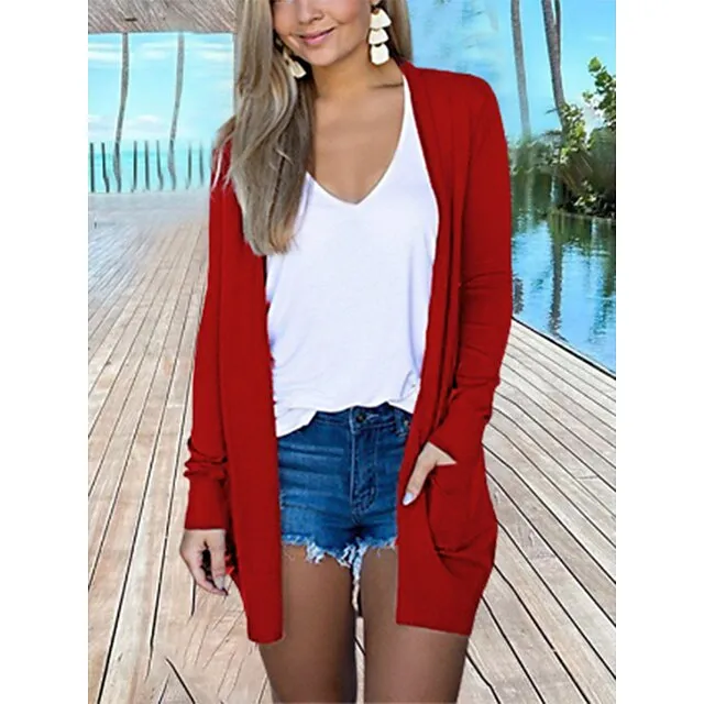 Women’s Pocket Cardigan Coat Solid Color Basic Casual Soft Long Sleeve Regular Fit Cardigans Open Front Fall Spring Summer Light Pink Black Gray / Daily / Going out ac805713ee7eb34a69413e0867a34687