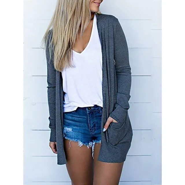 Women’s Pocket Cardigan Coat Solid Color Basic Casual Soft Long Sleeve Regular Fit Cardigans Open Front Fall Spring Summer Light Pink Black Gray / Daily / Going out ce9b5bb52e63b5a09a9b67a7ba3ad670