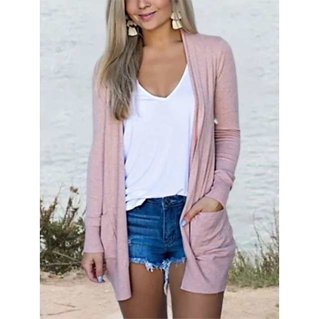 Women’s Pocket Cardigan Coat Solid Color Basic Casual Soft Long Sleeve Regular Fit Cardigans Open Front Fall Spring Summer Light Pink Black Gray / Daily / Going out e1c5bdc70e98b8626a2c5a22a09d57a5