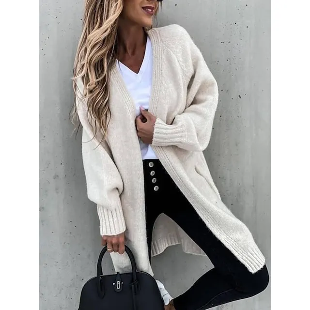 Women's Cardigan Sweater Open Front Knit Cotton Blend Knit Knitted Thin Fall Winter Long Daily Holiday Casual Long Sleeve Solid Color Navy Blue Green Khaki S M L