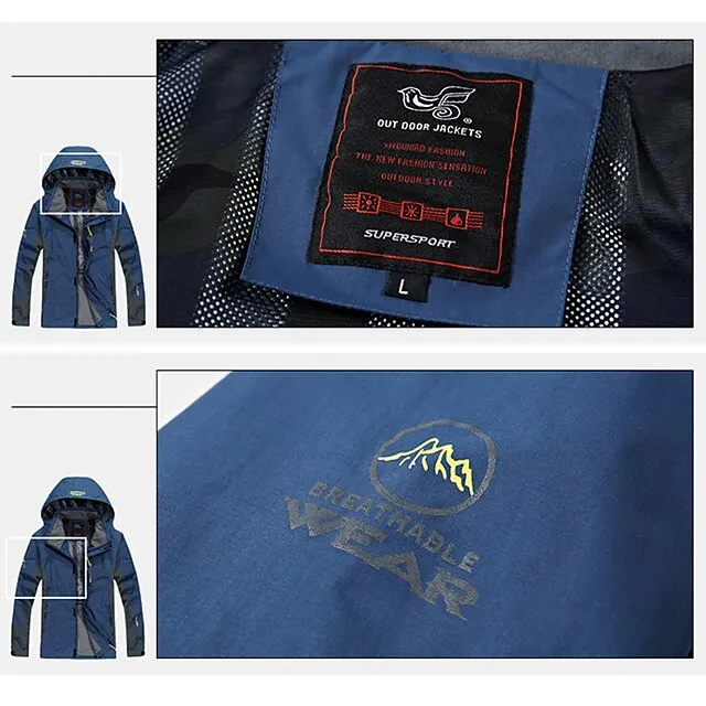 Plus Size Men’s Waterproof Hiking Jacket Rain Jacket Hoodie Jacket Detachable hat Windbreaker Raincoat Outdoor Windproof Weatherproof Lightweight Breathable Trench Coat Outerwear Top Fishing Climbing 86e748bde34592403ef1a6709b9b227f