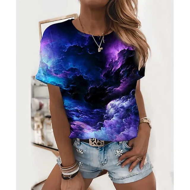 Women's T shirt Tee Graphic Galaxy Daily Weekend Purple Print Short Sleeve Basic Round Neck Regular Fit