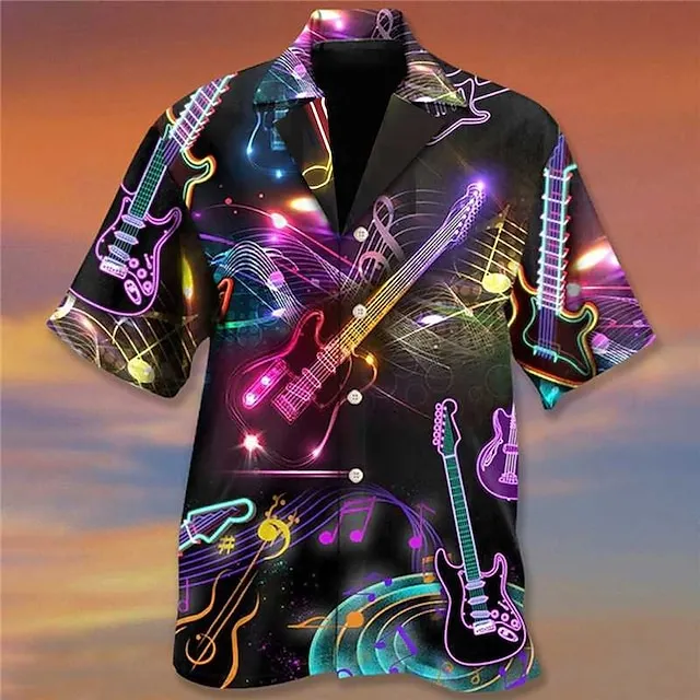 Men's Shirt Camp Collar Shirt Graphic Shirt Aloha Shirt Musical Instrument Turndown Black Blue Dark Green Light Purple Purple 3D Print Holiday Short Sleeve 3D Print Clothing Apparel Designer Beach
