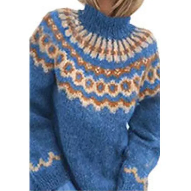 Women’s Pullover Sweater Classic Style Multi Color Geometic Ethnic Casual Long Sleeve Sweater Cardigans High Neck Fall Winter Blue gray Grey Green / Holiday 594bb7447b6a5fbb9c292d7c5afde583