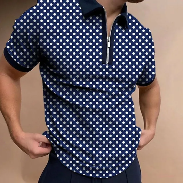 Men's Polo Shirt Golf Shirt Outdoor Street Collar Short Sleeve Fashion Casual Polka Dot Zipper Spring & Summer Regular Fit Black White Navy Blue Polo Shirt