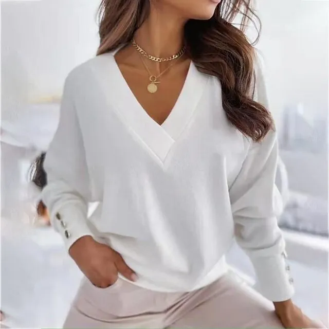 Women’s Pullover Sweater Jumper Knitted Button Solid Color Basic Elegant Casual Long Sleeve Regular Fit Sweater Cardigans V Neck Fall Winter Blue Black Red / Going out / Work 42a6b8fb3123baa4e449e23277ab41e7