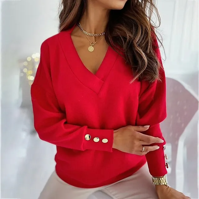 Women’s Pullover Sweater Jumper Knitted Button Solid Color Basic Elegant Casual Long Sleeve Regular Fit Sweater Cardigans V Neck Fall Winter Blue Black Red / Going out / Work 733a317829d7a64667cd3cc94439339a
