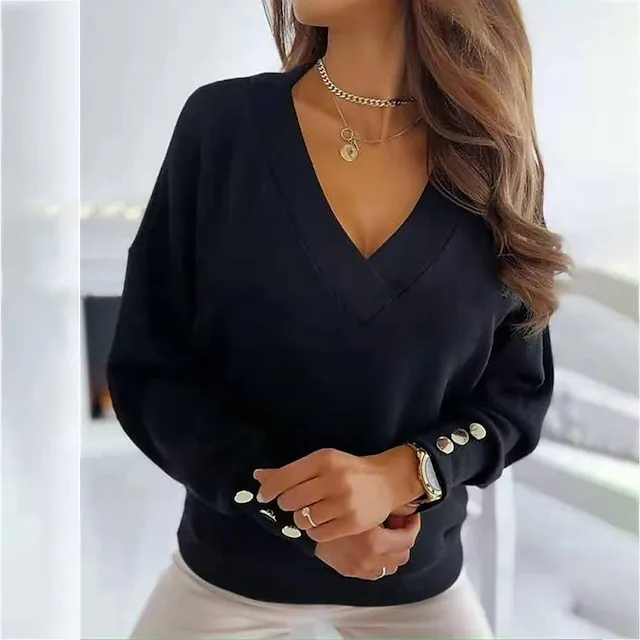 Women’s Pullover Sweater Jumper Knitted Button Solid Color Basic Elegant Casual Long Sleeve Regular Fit Sweater Cardigans V Neck Fall Winter Blue Black Red / Going out / Work e24073a055e872b51f8e6a942e488888