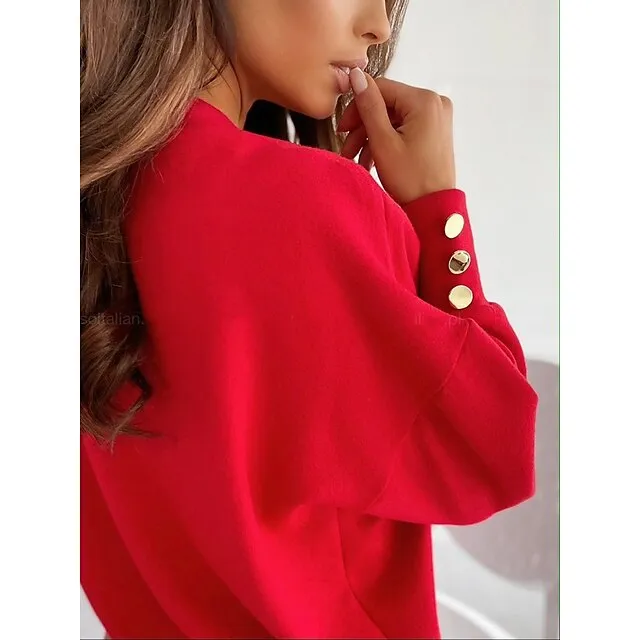 Women’s Pullover Sweater Jumper Knitted Button Solid Color Basic Elegant Casual Long Sleeve Regular Fit Sweater Cardigans V Neck Fall Winter Blue Black Red / Going out / Work ea638ef6799f98ce397f2ac65b8bd6b9
