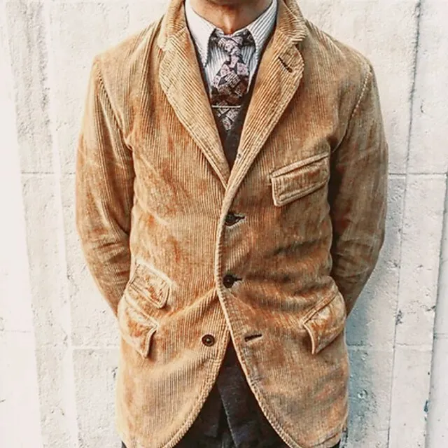 Men’s Corduroy Jacket Blazer Sport Jacket Sport Coat Breathable Business Causal Daily Single Breasted Turndown Smart Casual Jacket Outerwear Plain Patchwork Khaki 9ed08139b6dfc56284923050ad368232