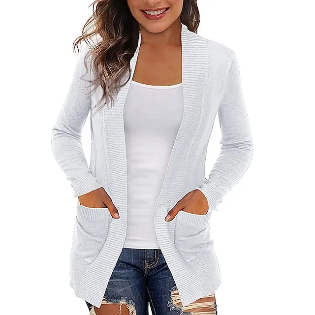 Women’s Cardigan Knitted Front Pocket Solid Color Basic Casual Soft Long Sleeve Regular Fit Sweater Cardigans Open Front Fall Winter Spring Blue Wine Black / Going out 0200924768e27456aef7cad347898ed5