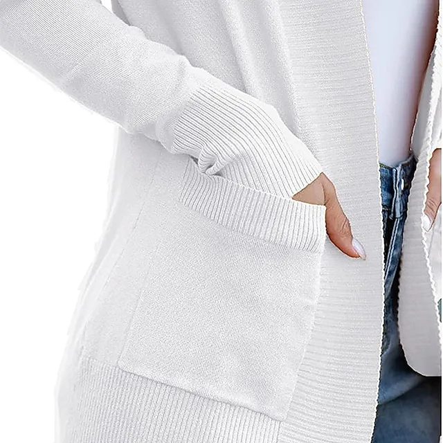 Women’s Cardigan Knitted Front Pocket Solid Color Basic Casual Soft Long Sleeve Regular Fit Sweater Cardigans Open Front Fall Winter Spring Blue Wine Black / Going out 0bbecc6ff4caca3e11488bc7f7c70769