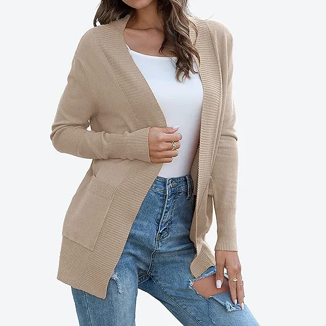 Women’s Cardigan Knitted Front Pocket Solid Color Basic Casual Soft Long Sleeve Regular Fit Sweater Cardigans Open Front Fall Winter Spring Blue Wine Black / Going out 0c893293d590df8ca1f3917767377eef
