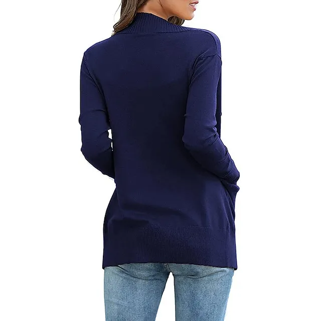 Women’s Cardigan Knitted Front Pocket Solid Color Basic Casual Soft Long Sleeve Regular Fit Sweater Cardigans Open Front Fall Winter Spring Blue Wine Black / Going out 0d4da4a7c1f337f7613e47a6cfa147ed