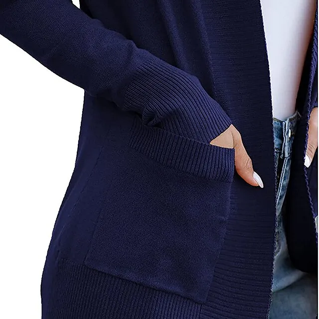 Women’s Cardigan Knitted Front Pocket Solid Color Basic Casual Soft Long Sleeve Regular Fit Sweater Cardigans Open Front Fall Winter Spring Blue Wine Black / Going out 29870a841eb5b676e1c4308eb19a25e2