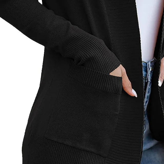 Women’s Cardigan Knitted Front Pocket Solid Color Basic Casual Soft Long Sleeve Regular Fit Sweater Cardigans Open Front Fall Winter Spring Blue Wine Black / Going out 35fc1440c73608cffd89107eb1e97b50