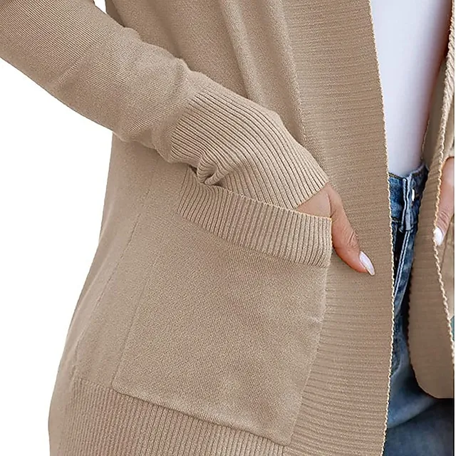 Women’s Cardigan Knitted Front Pocket Solid Color Basic Casual Soft Long Sleeve Regular Fit Sweater Cardigans Open Front Fall Winter Spring Blue Wine Black / Going out 3ff4a1b5648228f71b9df5ea36654af0