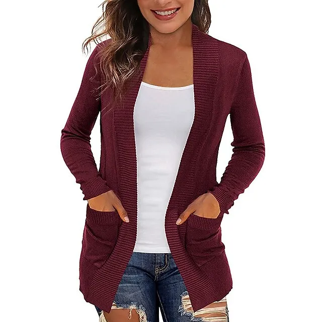 Women’s Cardigan Knitted Front Pocket Solid Color Basic Casual Soft Long Sleeve Regular Fit Sweater Cardigans Open Front Fall Winter Spring Blue Wine Black / Going out c2e3b1db7a6174fbc77a44ab7efca7a7