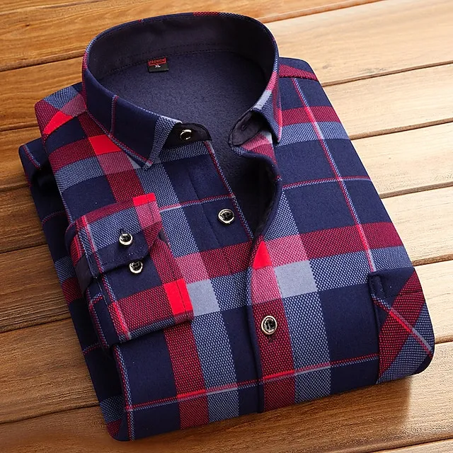 Men's Dress Shirt Button Up Shirt Plaid Shirt Collared Shirt Fleece Shirt Overshirt A B C Long Sleeve Plaid / Check Square Neck Winter Wedding Party Clothing Apparel Warm
