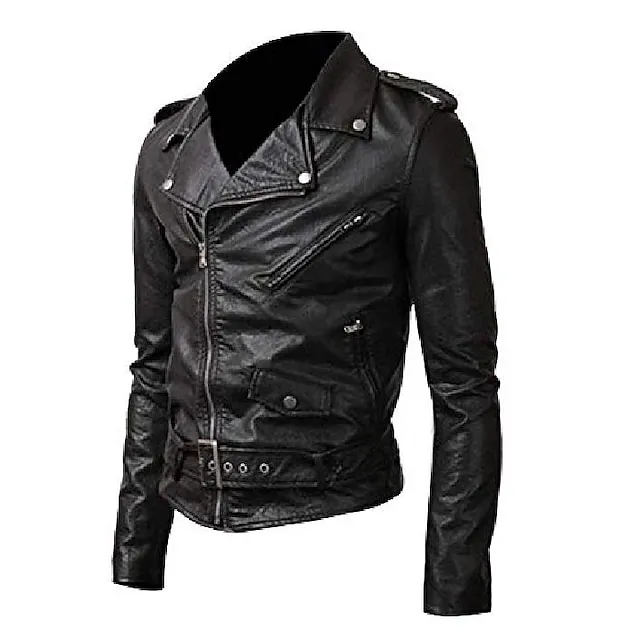 Men's PU Leather Jacket Faux Leather Coat Motorcycle Biker Belted Rider Fashion Style Winter Casual Daily Outdoor Work Black Warm Outwear Tops Zip Pocket