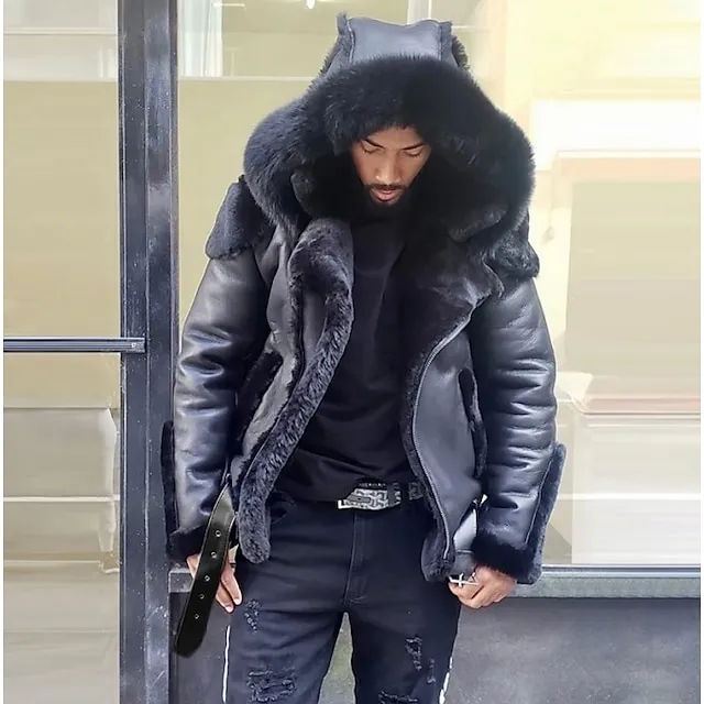 Men's Shearling Coat Winter Jacket Winter Coat Sherpa jacket Outdoor Street Thermal Warm Windproof Pocket Fall Winter Solid Color Streetwear Sporty Hoodie Regular Faux Leather Regular Fit Black Pink
