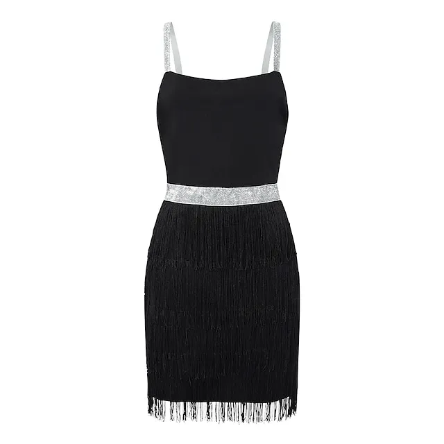 Women’s Black Sequin Dress Fringe Dress Party Dress Sparkly Dress Little Black Dress Sexy Dress Cocktail Homecoming Dress Dress Mini Dress Sleeveless Tassel Spring Spaghetti Strap fb7b133517917743b3f2c1b4e6358495