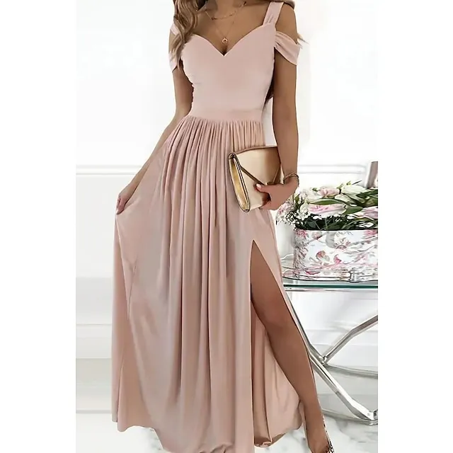 Women‘s Party Dress Homecoming Dress Swing Dress Long Dress Maxi Dress Green Pink Light Green Short Sleeve Pure Color Cold Shoulder Spring Summer V Neck Romantic Party S M L XL XXL