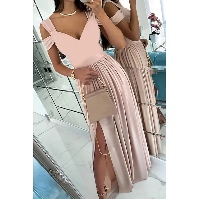 Women‘s Party Dress Homecoming Dress Swing Dress Long Dress Maxi Dress Green Pink Light Green Short Sleeve Pure Color Cold Shoulder Spring Summer V Neck Romantic Party 2023 S M L XL XXL 54ef5f08d69644bc720142f8ec8345d3