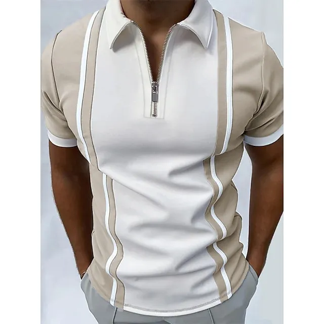 Men’s Golf Shirt Polo Casual Daily Quarter Zip Short Sleeve Sports Fashion Color Block Striped Zipper Quarter Zip Summer Spring Regular Fit Black Navy Blue Apricot Gray Golf Shirt 4083ea3861ab5c647e33d24483c4b744