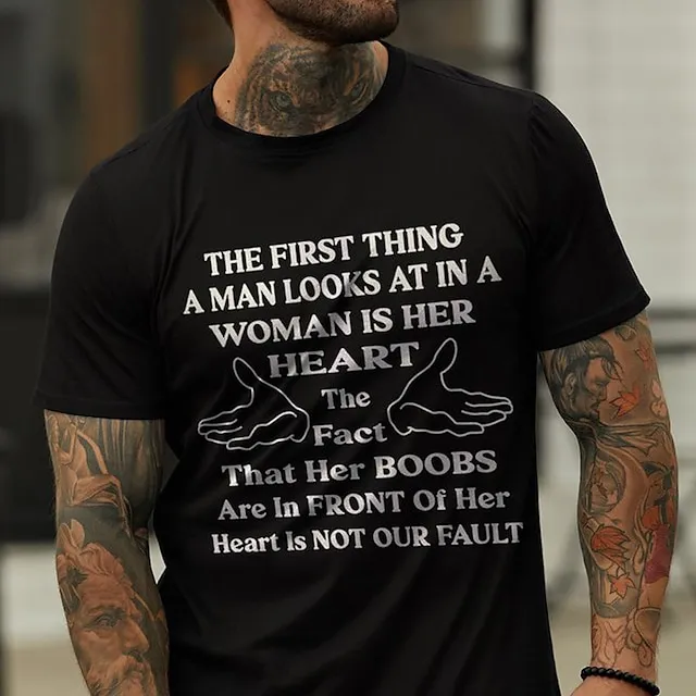 Valentines Day Mens Graphic Shirt Letter Black Blue Gray Tee Casual Style Cotton Blend Sports Lightweight Short Sleeve Comfortable Holiday The First Thing Man Looks At Woman Is Her Heart