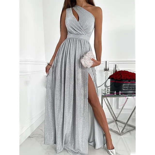 Women‘s Party Dress Wedding Guest A Line Dress Long Dress Maxi Dress Silver Green Sleeveless Pure Color Split Spring Summer One Shoulder Party S M L XL XXL