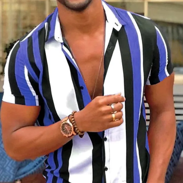 Men's Shirt Bowling Shirt Graphic Shirt Striped Turndown Pink Blue Purple Blue-White Print Outdoor Street Short Sleeve Button-Down Clothing Apparel Fashion Designer Casual Breathable