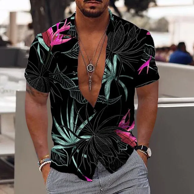 Men’s Shirt Graphic Shirt Aloha Shirt Leaves Turndown Black White Yellow Pink Blue Print Outdoor Street Short Sleeve Button-Down Print Clothing Apparel Fashion Designer Casual Breathable 0dbd716c5b878c497736b2c61be8b8cb