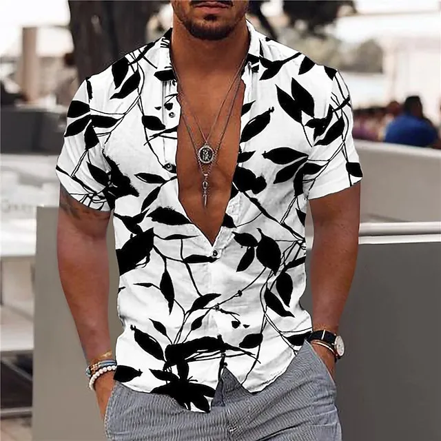 Men’s Shirt Graphic Shirt Aloha Shirt Leaves Turndown Black White Yellow Pink Blue Print Outdoor Street Short Sleeve Button-Down Print Clothing Apparel Fashion Designer Casual Breathable 9da094ffe2693f8ab8a13cab114f00c5